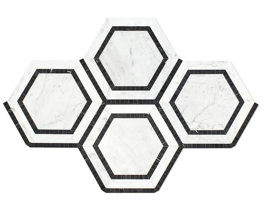 Carrara Italian Hexagon Combination w/ Black Mosaic Backsplash and Wall Tile  5"