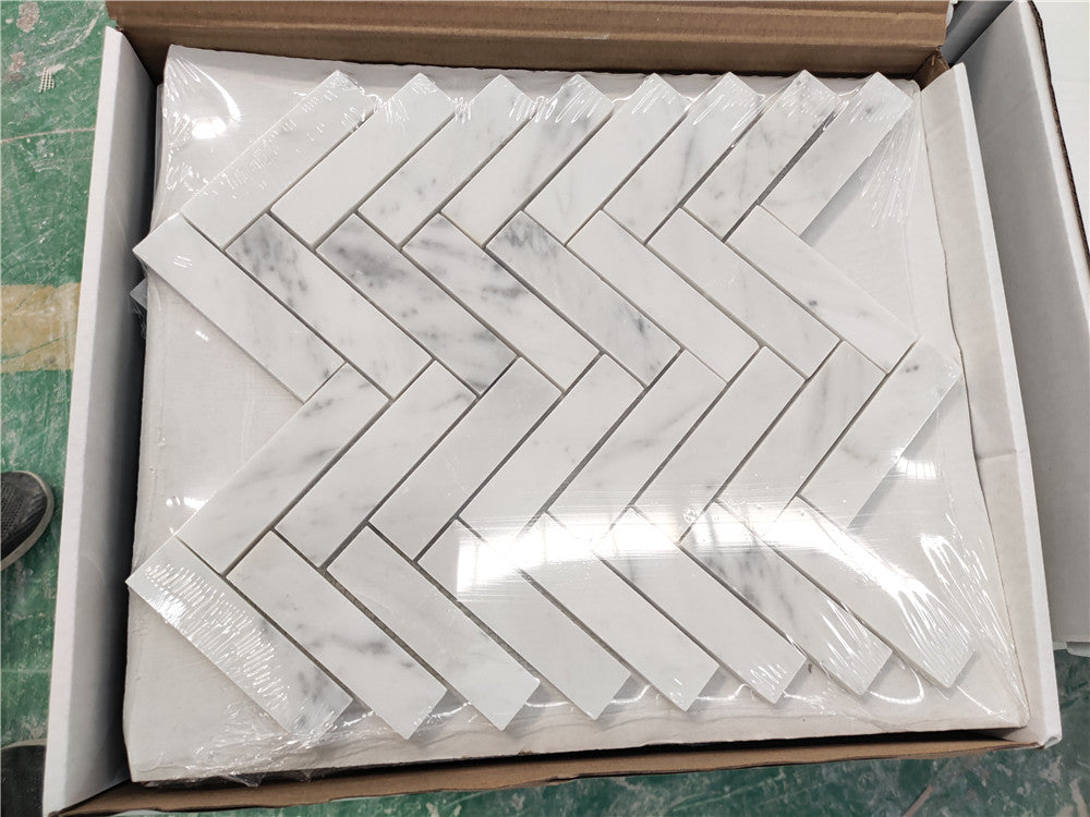 Carrara Italian Herringbone Mosaic Backsplash and Wall Tile  1x4"