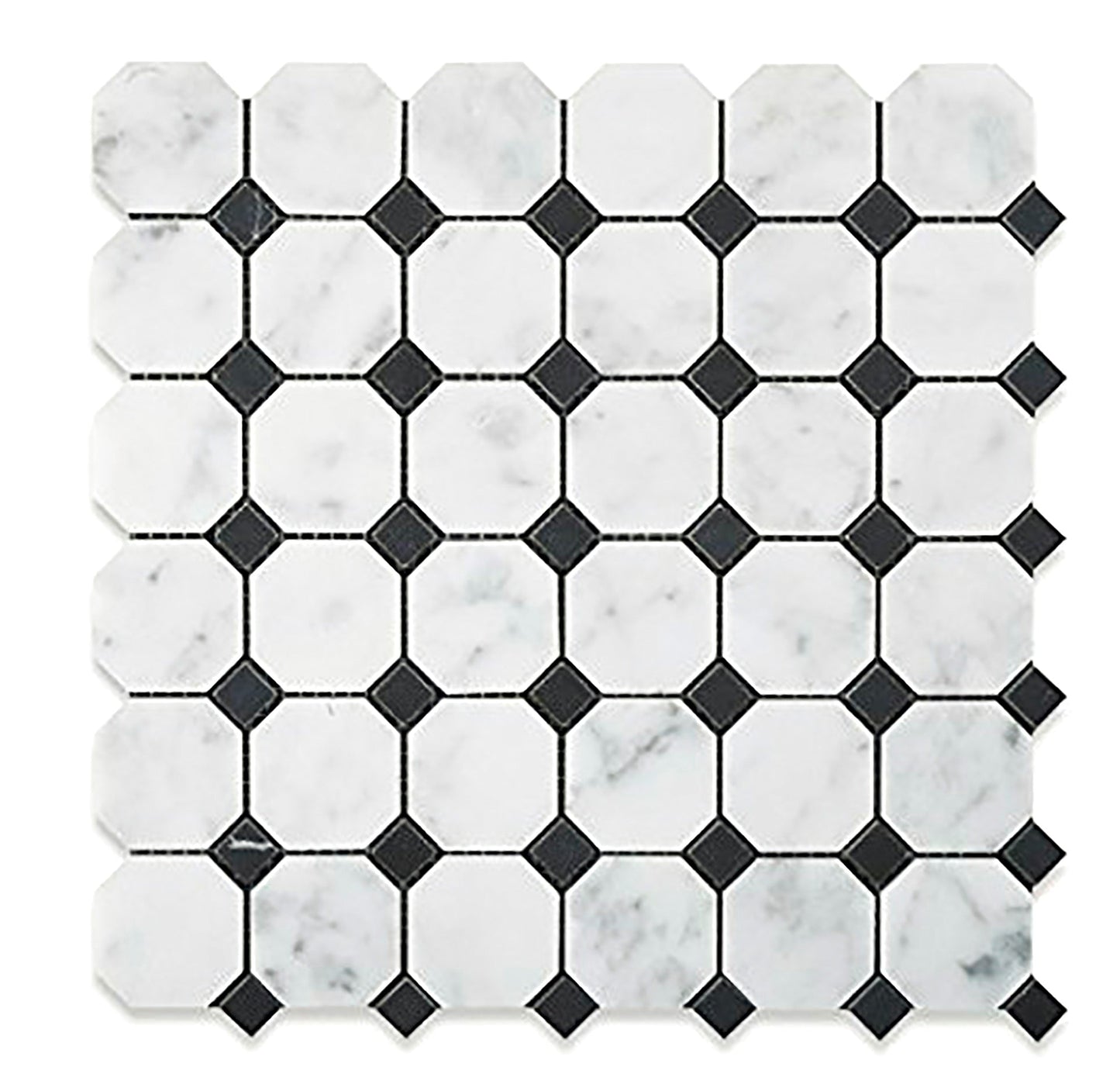 Mosaico octogonal italiano Carrara con puntos negros para salpicadero y pared