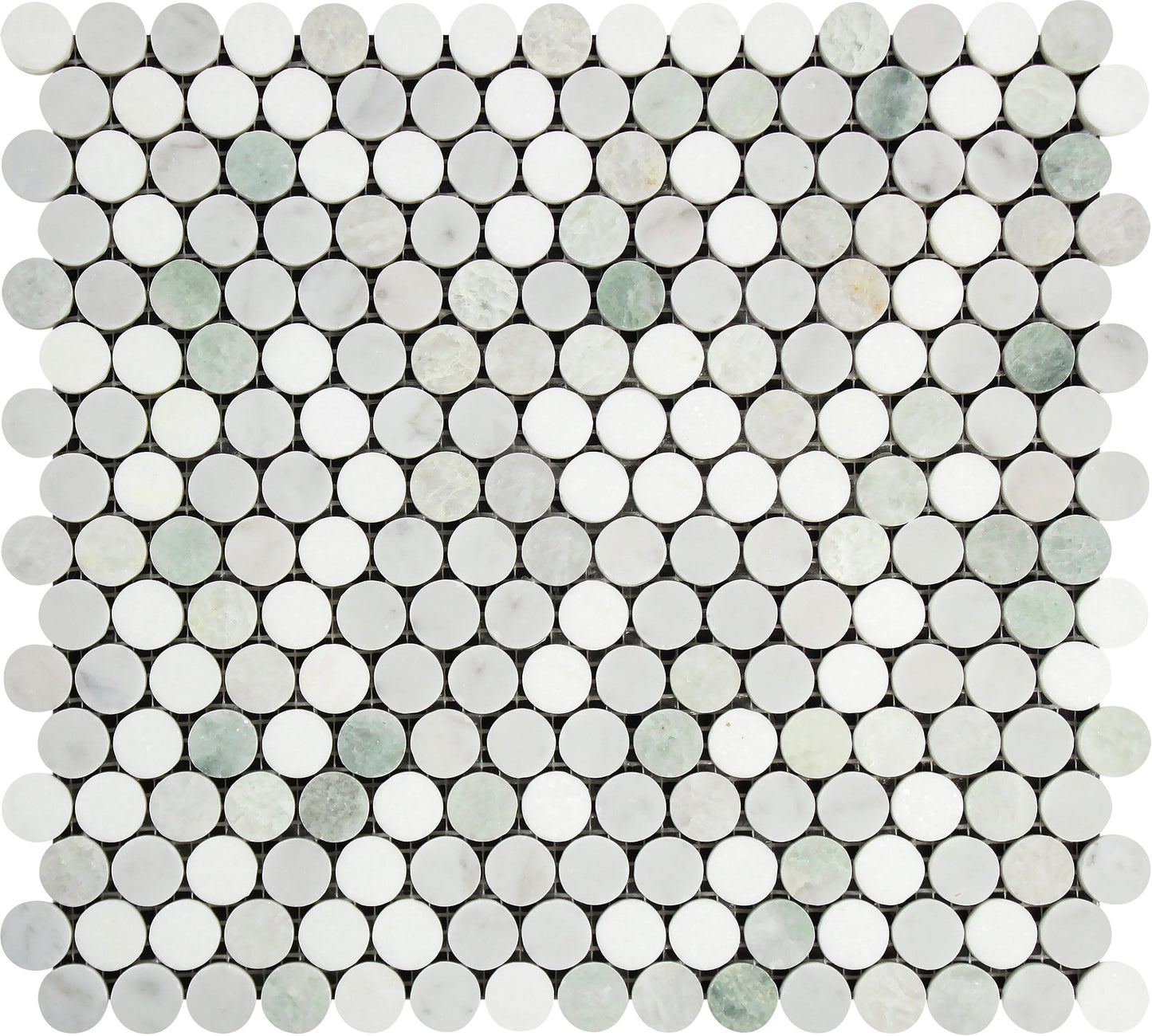 Carrara Italian Penny Round w/Blue - Grey - Green Mosaic Backsplash Wall Tile