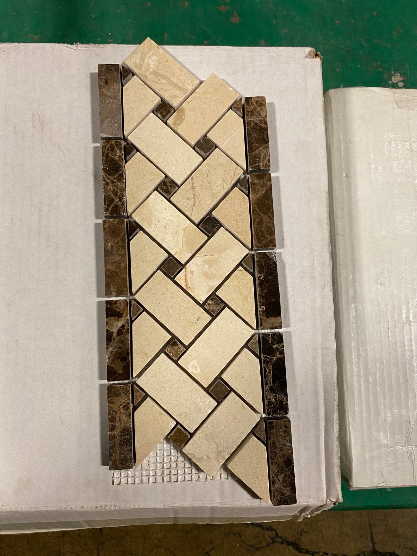 Crema Marfil Polished w/Emp Dark Basketweave Border Tile 4 3/4x12"