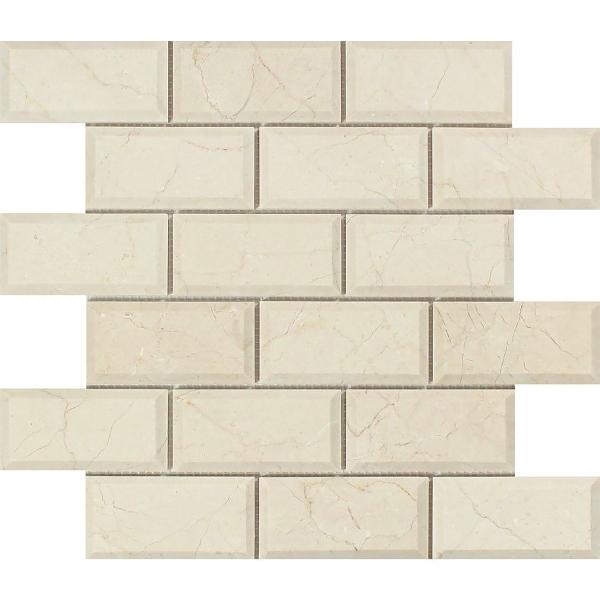 Azulejo de mosaico de ladrillo biselado pulido Crema Marfil de 2 x 4 pulgadas