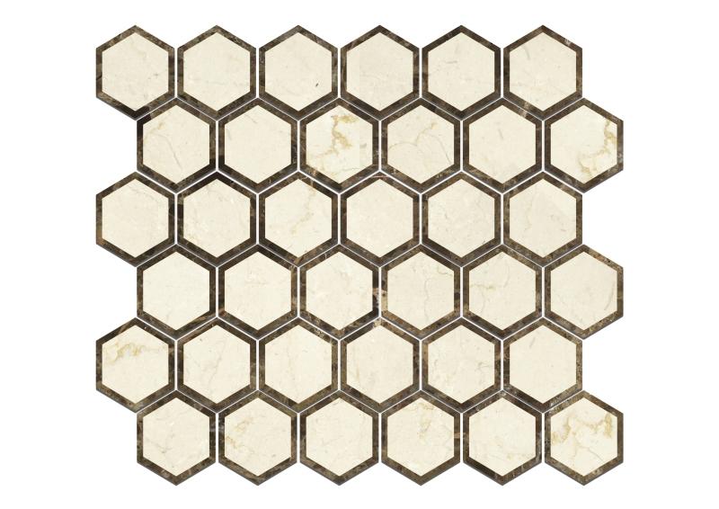 Crema Marfil Polished w/ Emp Dark Vortex Hexagon Mosaic Tile 2"