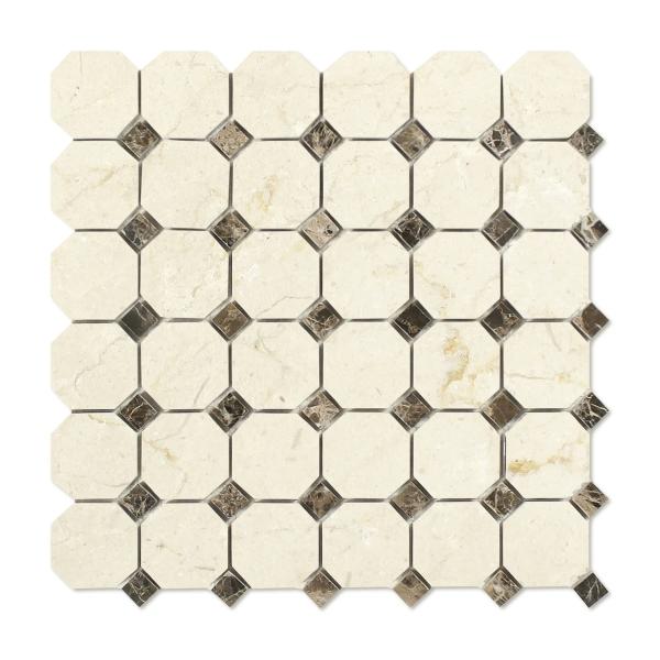 Crema Marfil Polished Octagon Mosaic w/ Emp. Dark Dots Tile