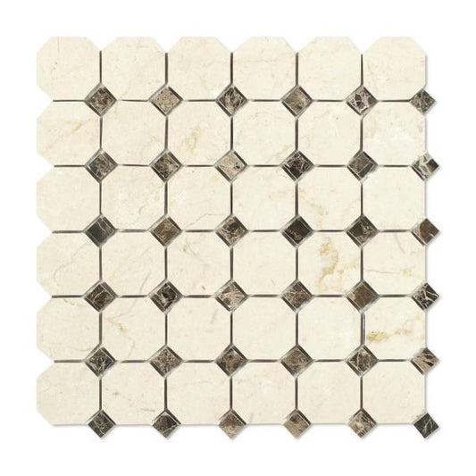 Crema Marfil Polished Octagon Mosaic w/ Emp. Dark Dots  Tile