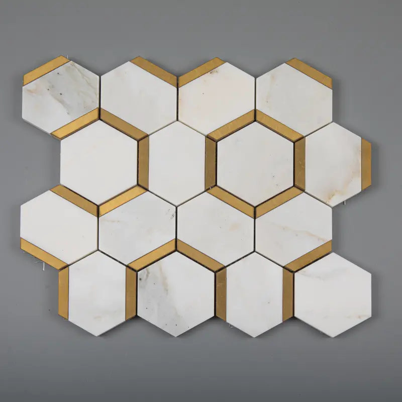 Calacatta Gold Marble 3" Hexagon w / Gold Brass - Polished Mosaic Tile
