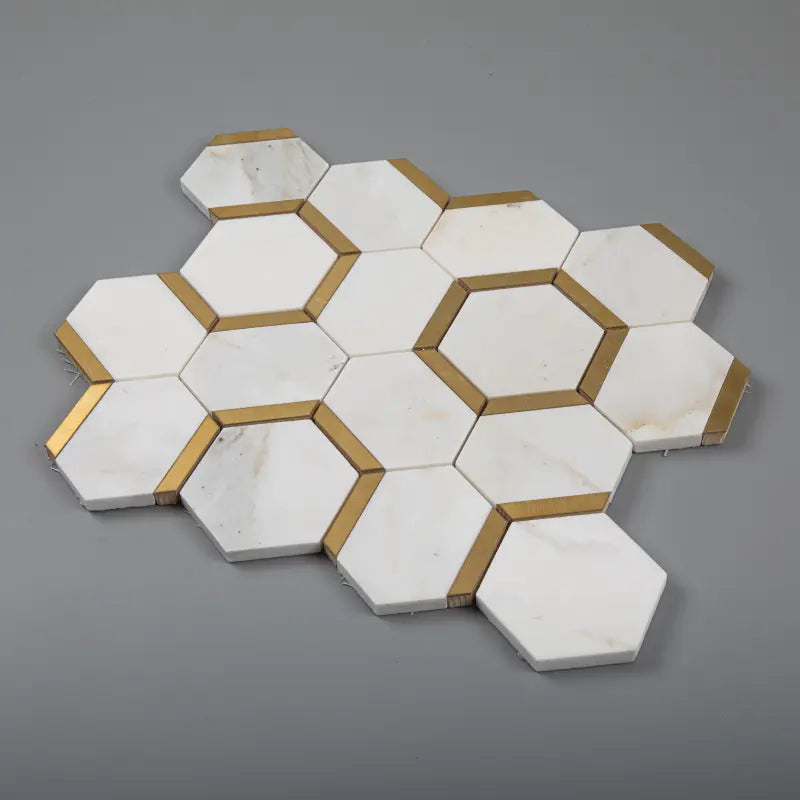 Calacatta Gold Marble 3" Hexagon w / Gold Brass - Polished Mosaic Tile