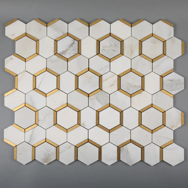 Calacatta Gold Marble 3" Hexagon w / Gold Brass - Polished Mosaic Tile