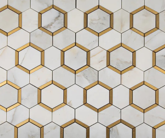 Calacatta Gold Marble 3" Hexagon w / Gold Brass - Polished Mosaic Tile