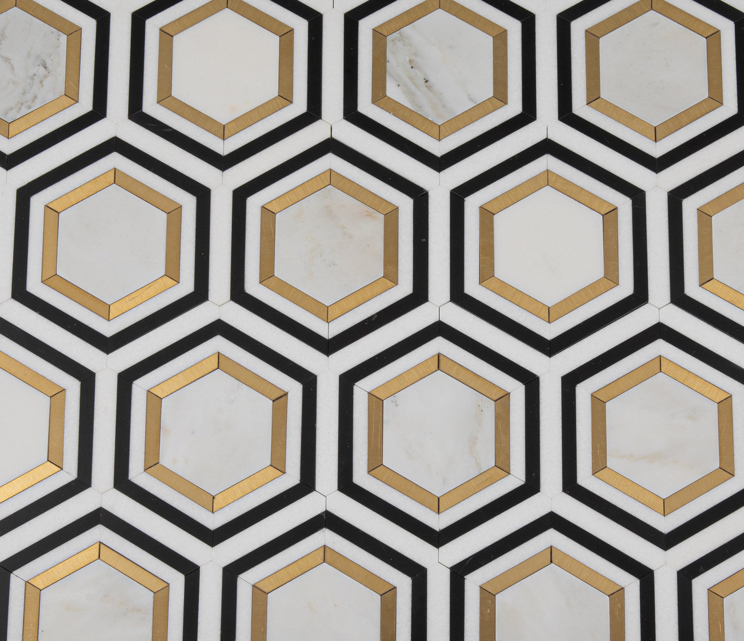 Calacatta Gold Marble Hexagon w/ Black & Brass - Polished Mosaic Tile
