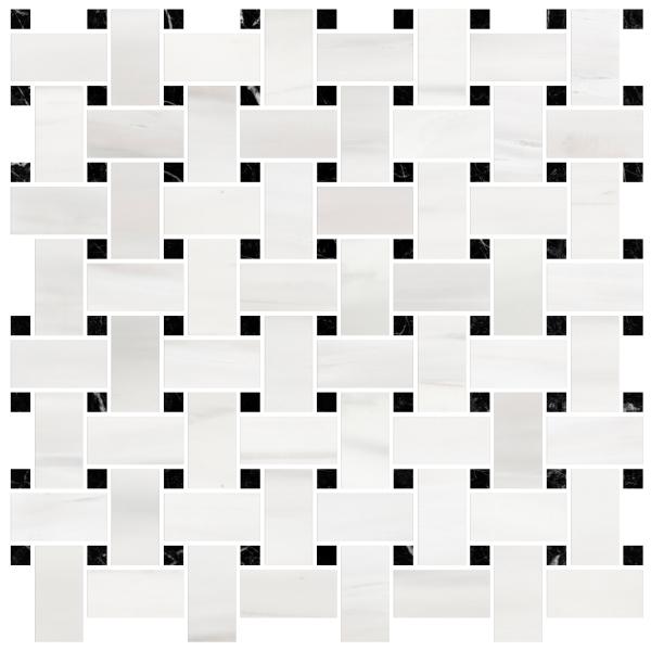 Bianco Dolomite Polished Mosaic Basketweave w/ Black Dots Mosaic Tile