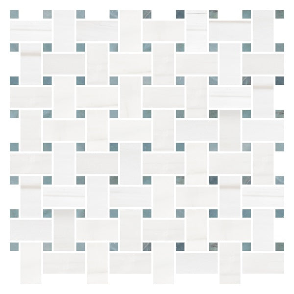 Bianco Dolomite Basketweave w/ Blue - Gray Dots Mosaic Tile