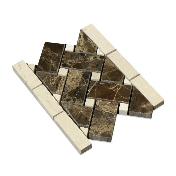 Emperador Dark Polished Basketweave w/ C. Marfil Dots Border Tile 4 3/4x12"