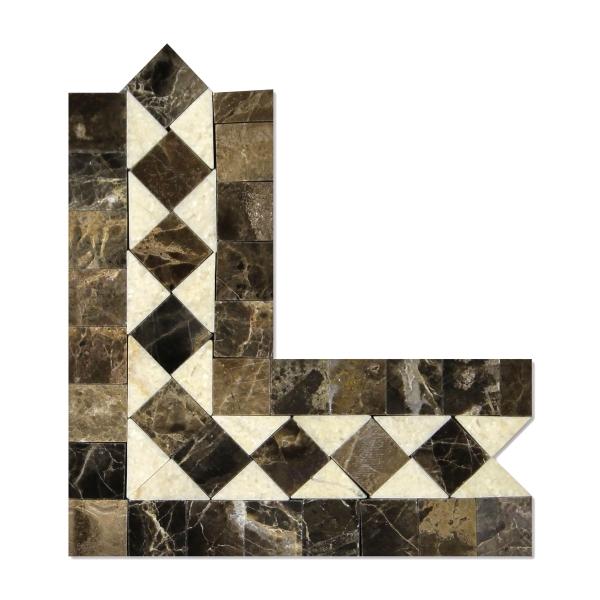 Emperador Dark Polished BIAS w/Crema Marfil Dots Border Corner Tile