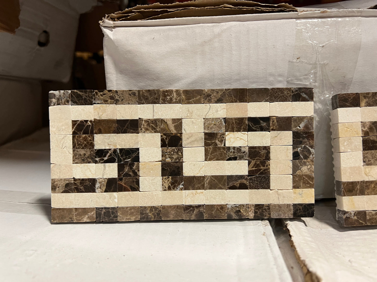 Emperador Dark Polished Greek Key w/Crema Marfil Border Tile 3 1/2x7"