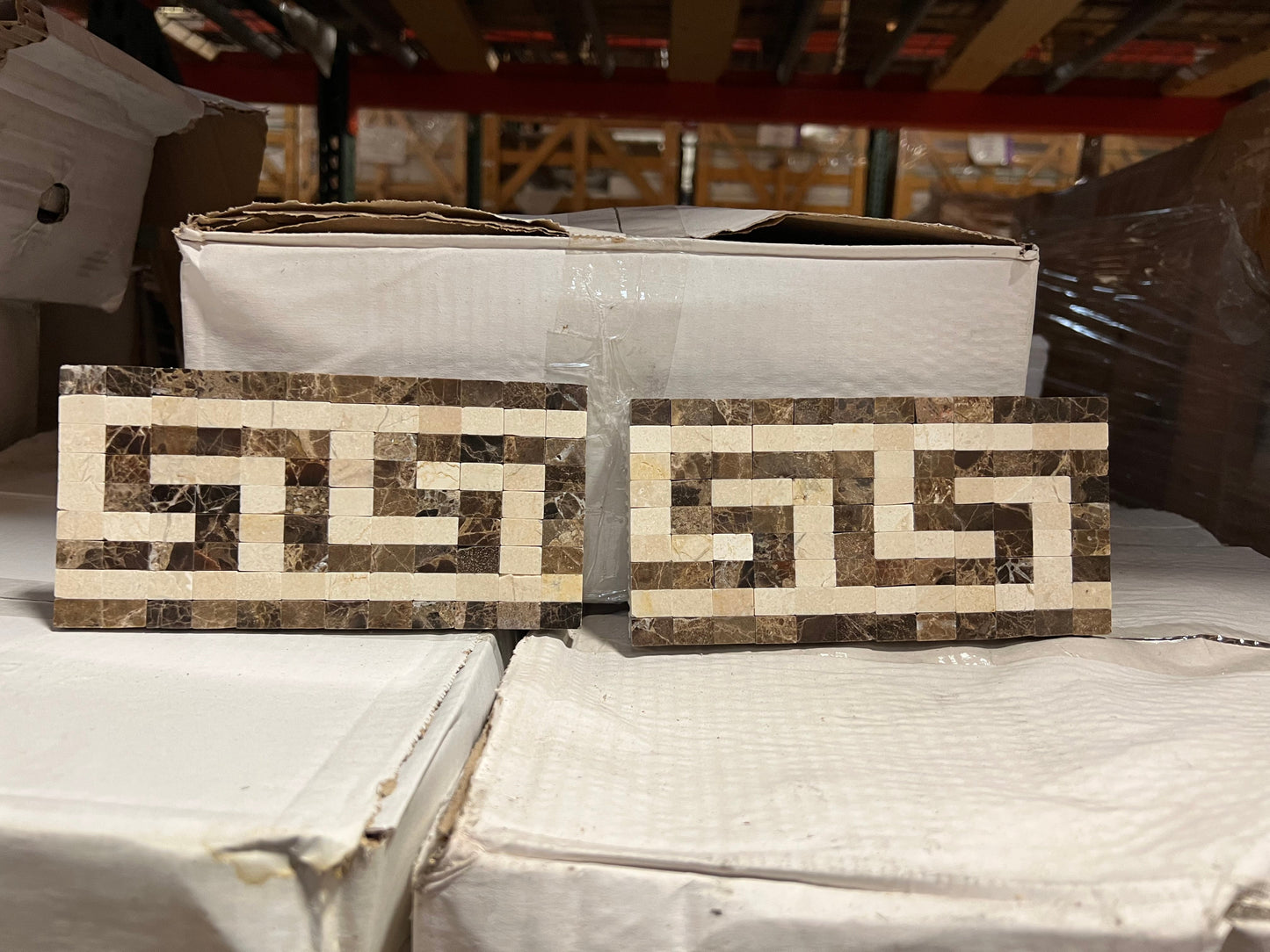 Emperador Dark Polished Greek Key w/Crema Marfil Border Tile 3 1/2x7"