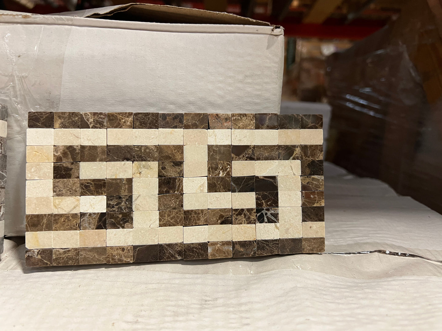 Emperador Dark Polished Greek Key w/Crema Marfil Border Tile 3 1/2x7"