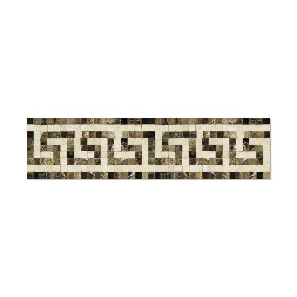 Emperador Dark Polished Greek Key w/Crema Marfil Border Tile 3 1/2x7"