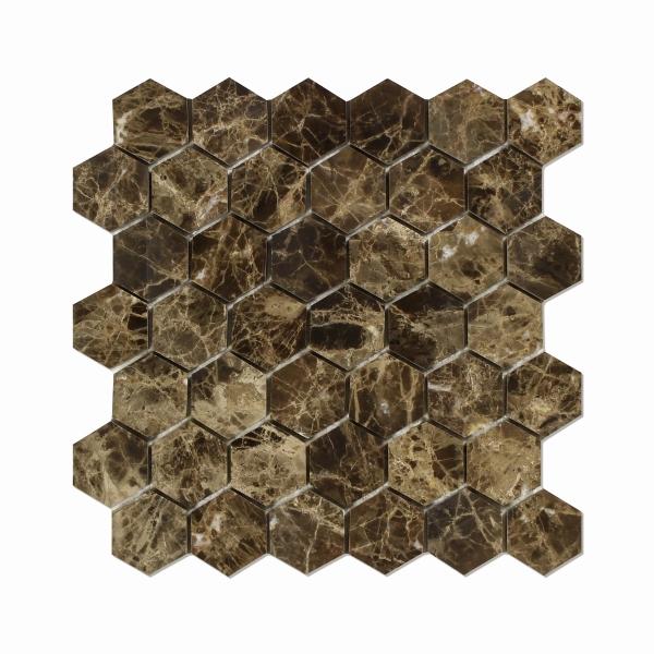 Azulejo de mosaico hexagonal Emperador Dark de 2 x 2 pulgadas