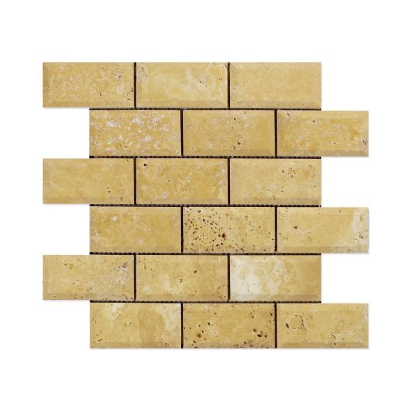 Azulejo de pared de mosaico de ladrillo de travertino dorado pulido con bisel profundo de 2 x 4 pulgadas