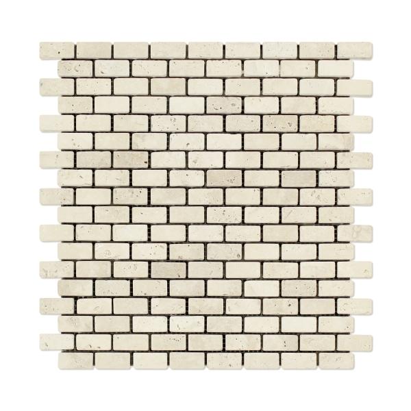Ivory Travertine Tumbled Mini Brick Mosaic Wall and Floor Tile 5/8x1 1/4"