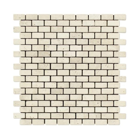 Ivory Travertine Tumbled Mini Brick Mosaic Wall and Floor Tile 5/8x1 1/4"