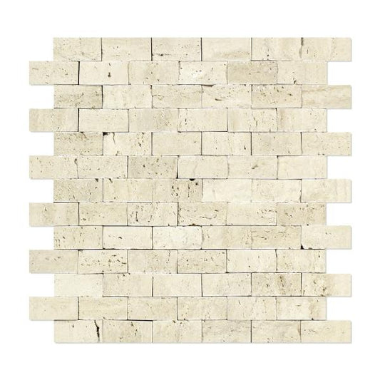 Ivory Travertine Split Faced Brick Mosaic Tile  1x2"