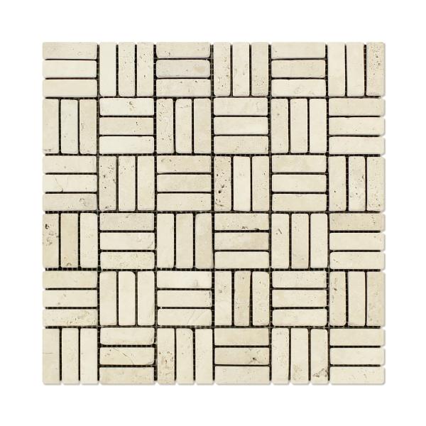 Azulejo de mosaico de travertino marfil de triple tira, 1,5 x 5 cm