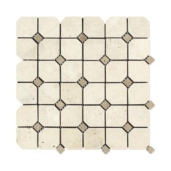 Mosaico de travertino marfil con octágono y puntos de nariz