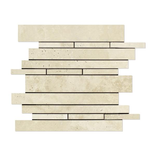 Azulejo de mosaico de tiras aleatorias de travertino marfil pulido
