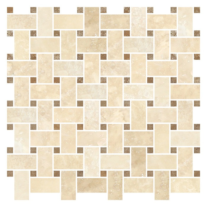 Ivory Travertine Basketweave Honed w/ Noce Dots Mosaic Tile