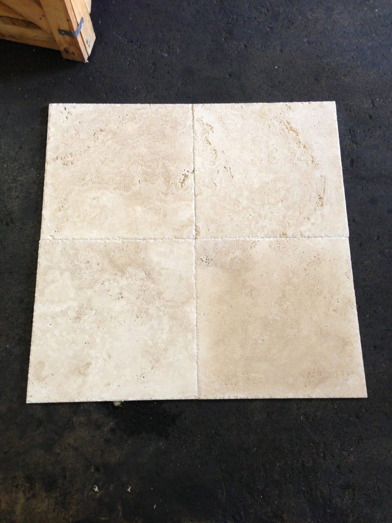 Ivory Travertine Unfilled, Brushed & Chiseled Wall and Floor Tile 16x16"
