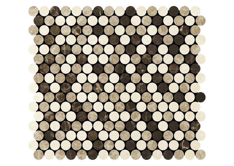 Noble White Cream Penny Round w/ Emp. Dark Mosaic Tile