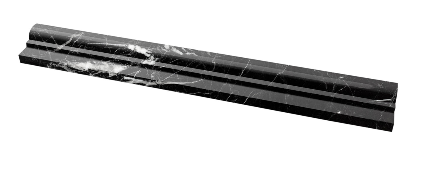 Azulejo de moldura para riel de silla de un solo paso pulido Nero Marquina de 2 x 12 pulgadas