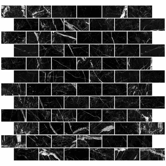 Nero Marquina Split Faced Brick Mosaic Tile 1x2"