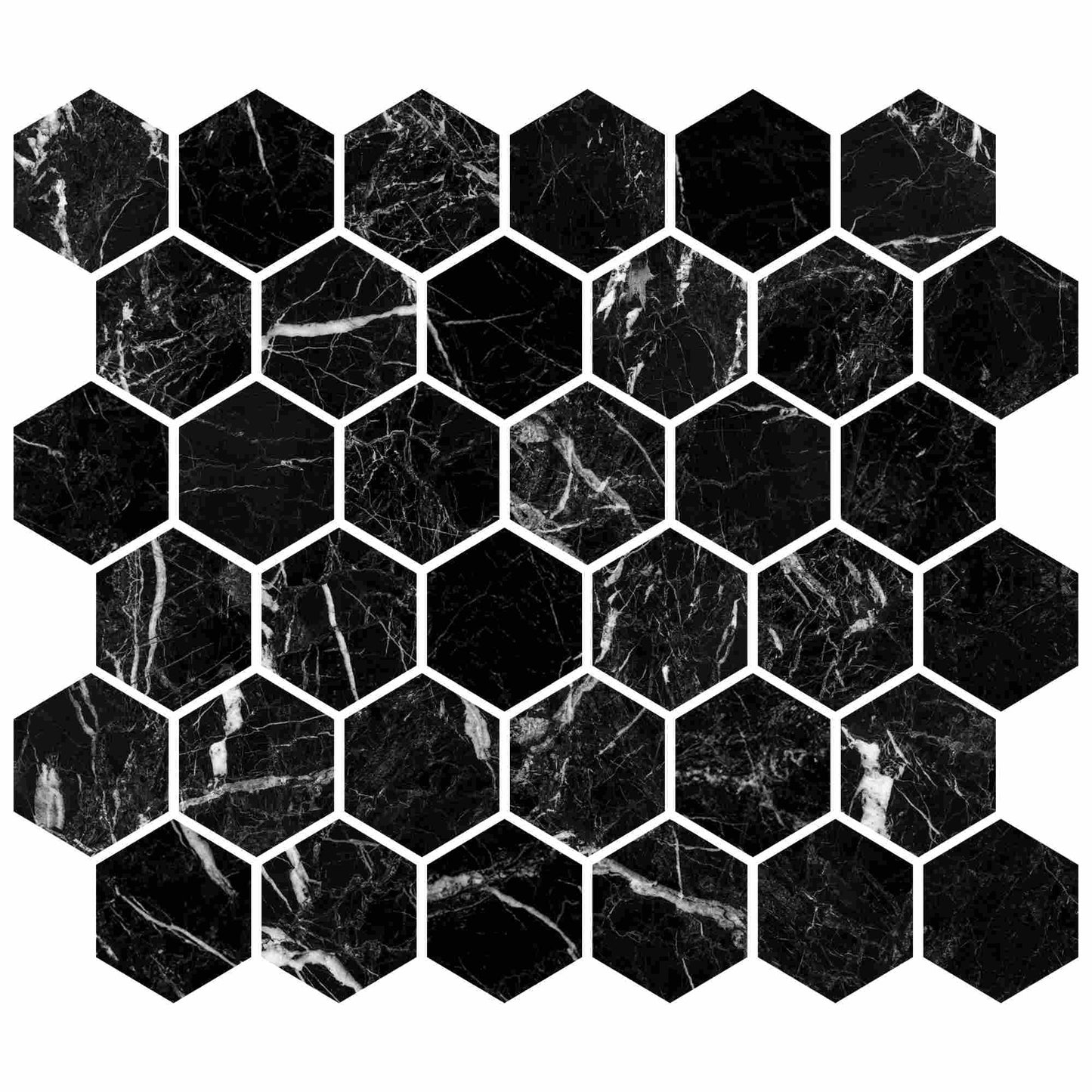 Nero Marquina Polished Hexagon Mosaic Tile 2"