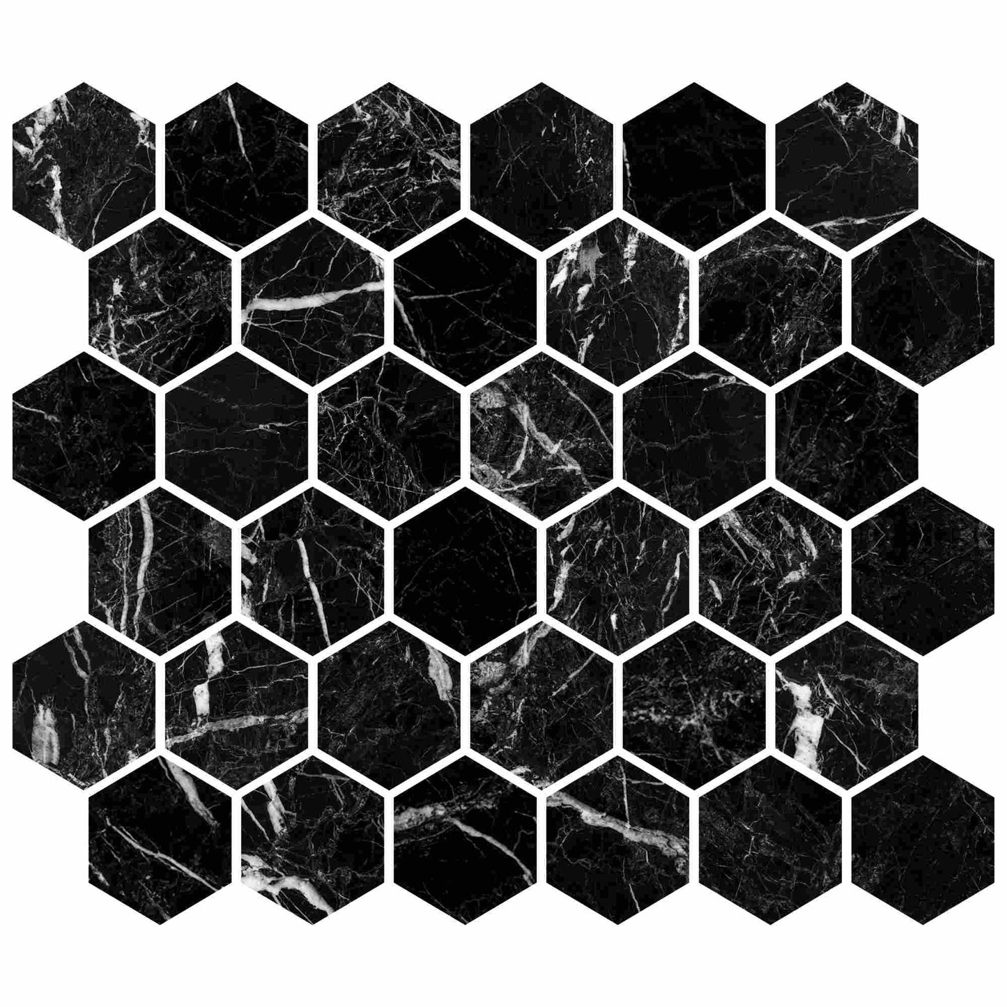 Azulejo mosaico hexagonal pulido Nero Marquina 2"