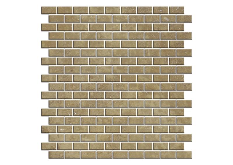 Mosaico de travertino Noce en miniatura de ladrillos desgastados, 5/8 x 1 1/4"