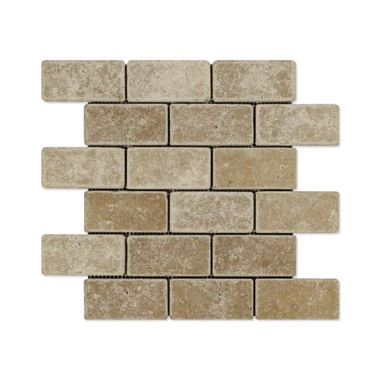Noce Travertine Tumbled Brick Mosaic Tile 2x4"