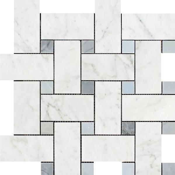 Oriental White Basketweave w/ Blue - Gray Dots Mosaic Tile - Large