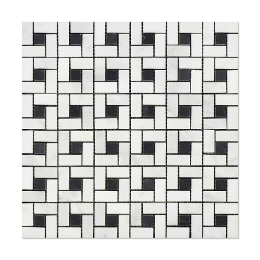 Oriental White Mini Pinwheel w/ Black Dots Mosaic Tile