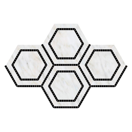 Oriental White Hexagon Combination Mosaic w/Black Mosaic Tile 5x5"