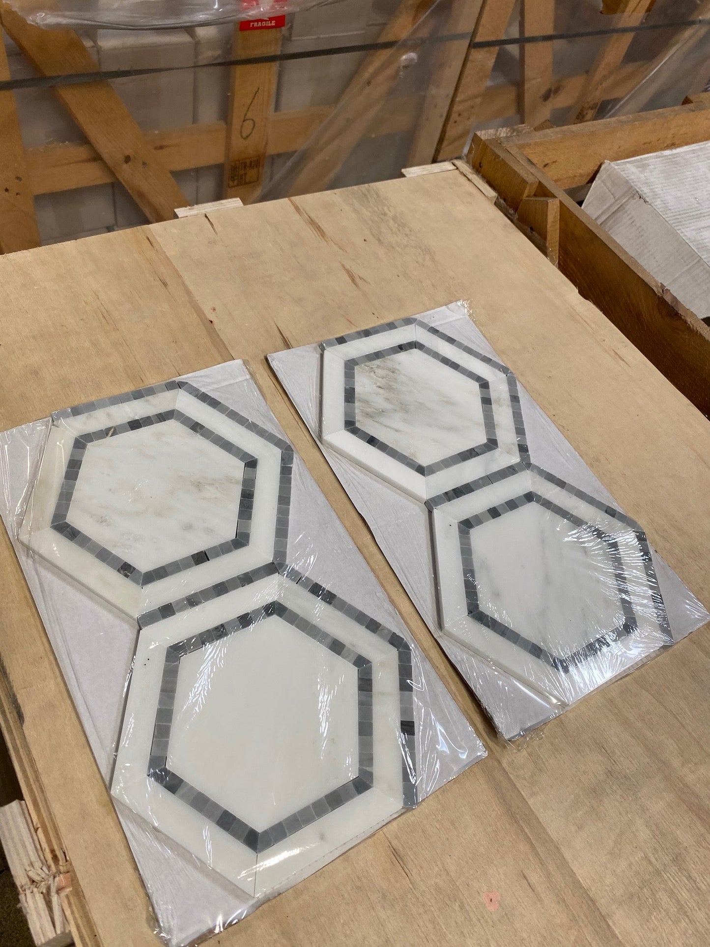 Oriental White Hexagon Combination w/ Blue - Gray Mosaic Tile 5x5"