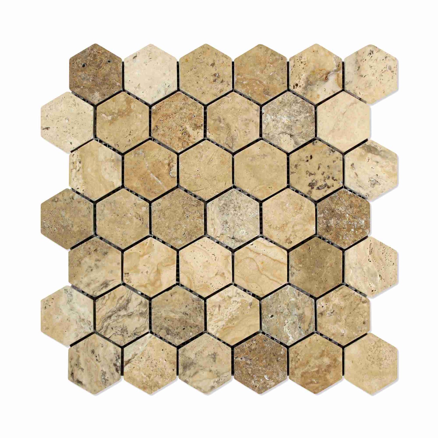 Mosaico hexagonal de travertino Filadelfia de 5 x 5 cm