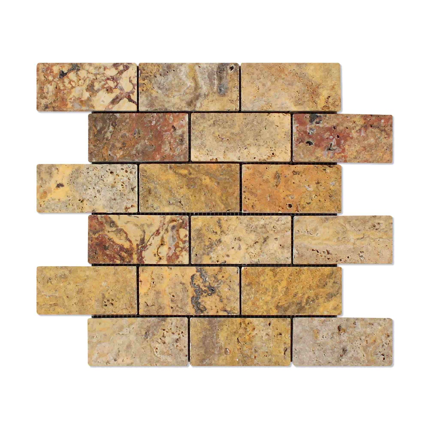 Scabos Travertine Tumbled Brick Mosaic Tile 2x4"