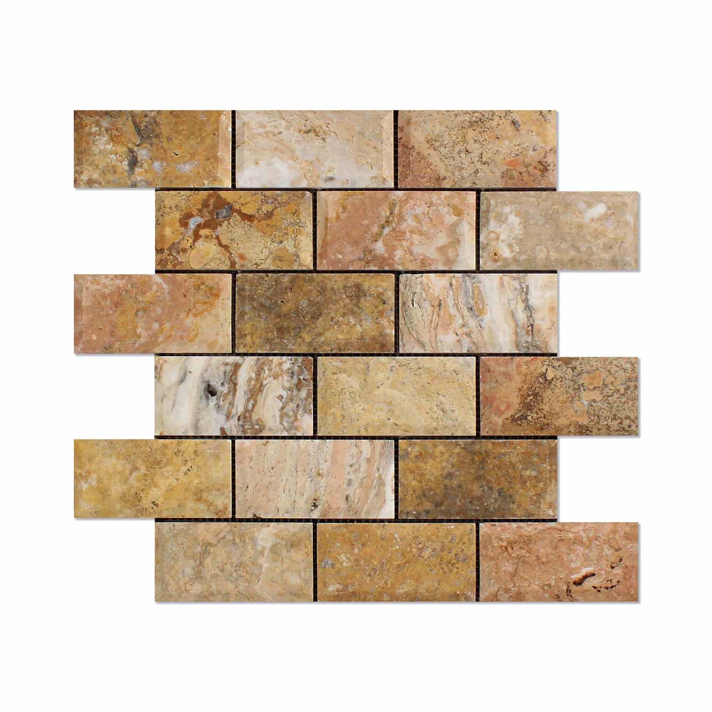 Scabos Travertine Honed Deep Beveled Brick Mosaic Tile 2x4"