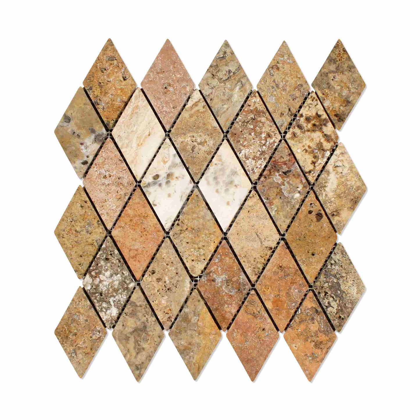 Scabos Travertine Tumbled Diamond Mosaic Tile 2x4"