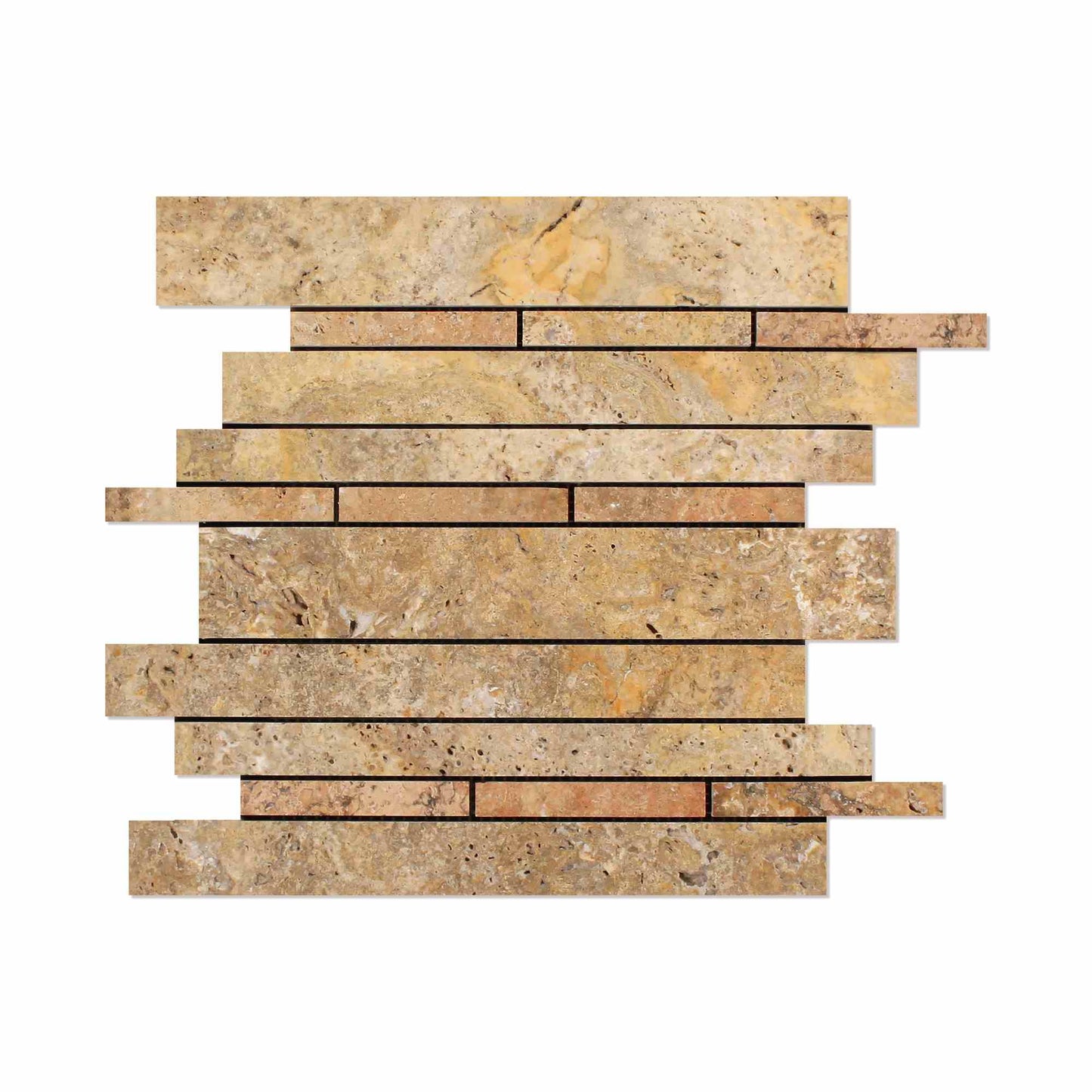 Scabos Travertine Honed Random Strip Mosaic Tile