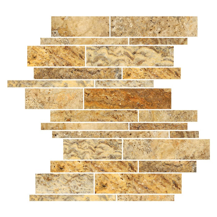 Scabos Travertine Polished Random Strip Mosaic Tile