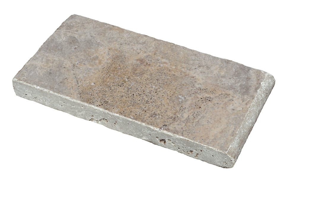Borde de piscina exterior de travertino plateado envejecido, 6 x 12 pulgadas, 1 1/4 pulgadas